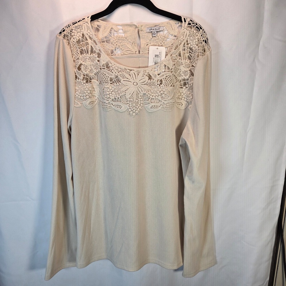 White Birch Knit Blouse 2X Cream LS Boho Lacy Round Neck NWT Cottagecore Crochet